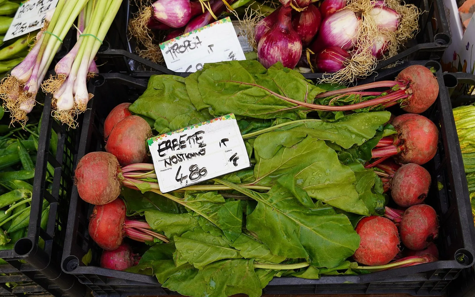 Cipolle rosse di Tropea e verdure fresche su un banco di mercato